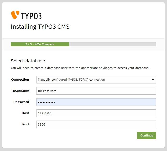 TYPO3 Installation: 5 Schritte zum Setup des Systems - Download Sourcen, Setup Datenbank, Auswahl Datenbank bei Installation TYPO3, Projekt und Admin einrichten