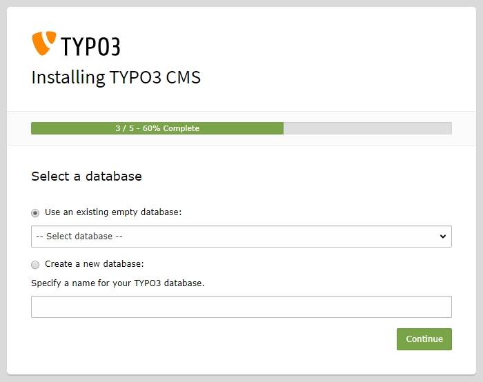 TYPO3 Installation: 5 Schritte zum Setup des Systems - Download Sourcen, Setup Datenbank, Auswahl Datenbank bei Installation TYPO3, Projekt und Admin einrichten